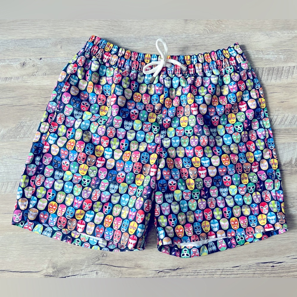 LUCHIANO VISCONTI Swim Trunks Sz Med Black with Multicolor Wrestler Masks
